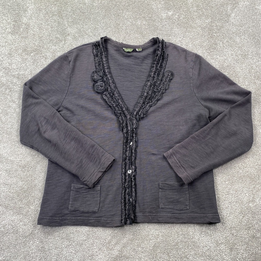Edie Bauer Women's‎ Ruffle Lace Trim Cardigan Sweater Size XL Charcoal Gray